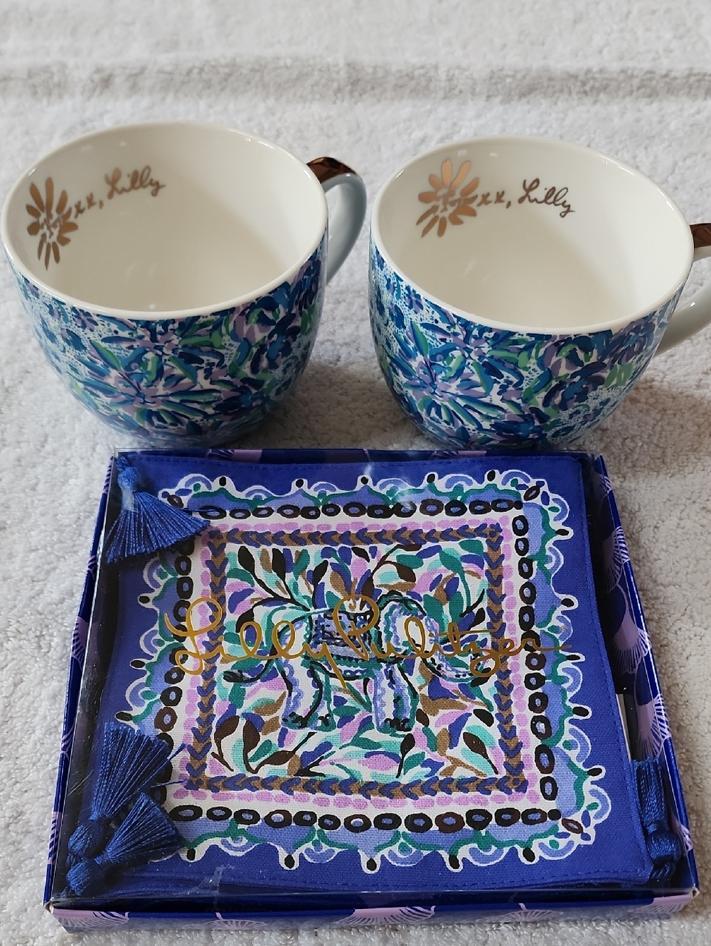 Lilly Pulitzer Blue, Green & Purple Floral Ceramic Mug Set with Napkins New